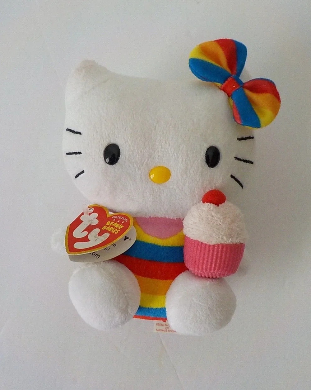2011 Ty Beanie Babies Sanrio White Rainbow Stripe Hello Kitty w/ Muffin Plush 6